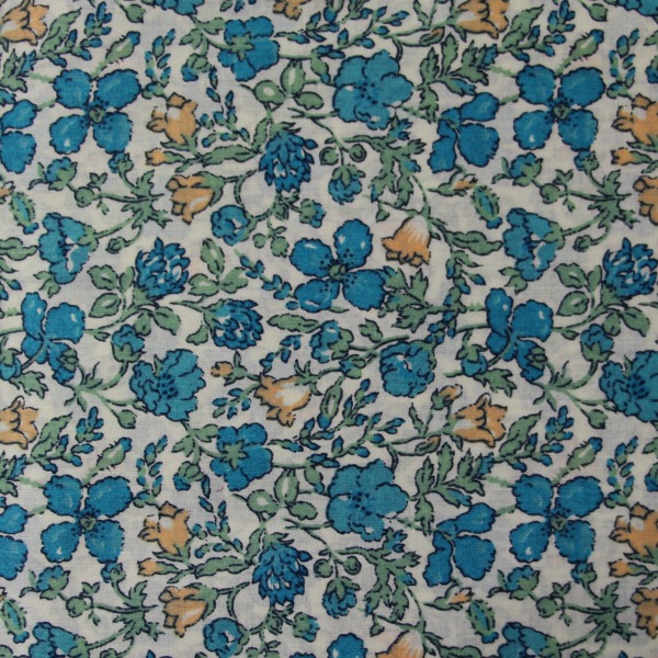 Aqua & Peach Small Floral Print On White Liberty Of London 100% Cotton 